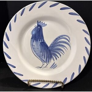 The Cellar Handpainted Rooster Chicken Blue White Plate Italy Made for Macys 9"‎